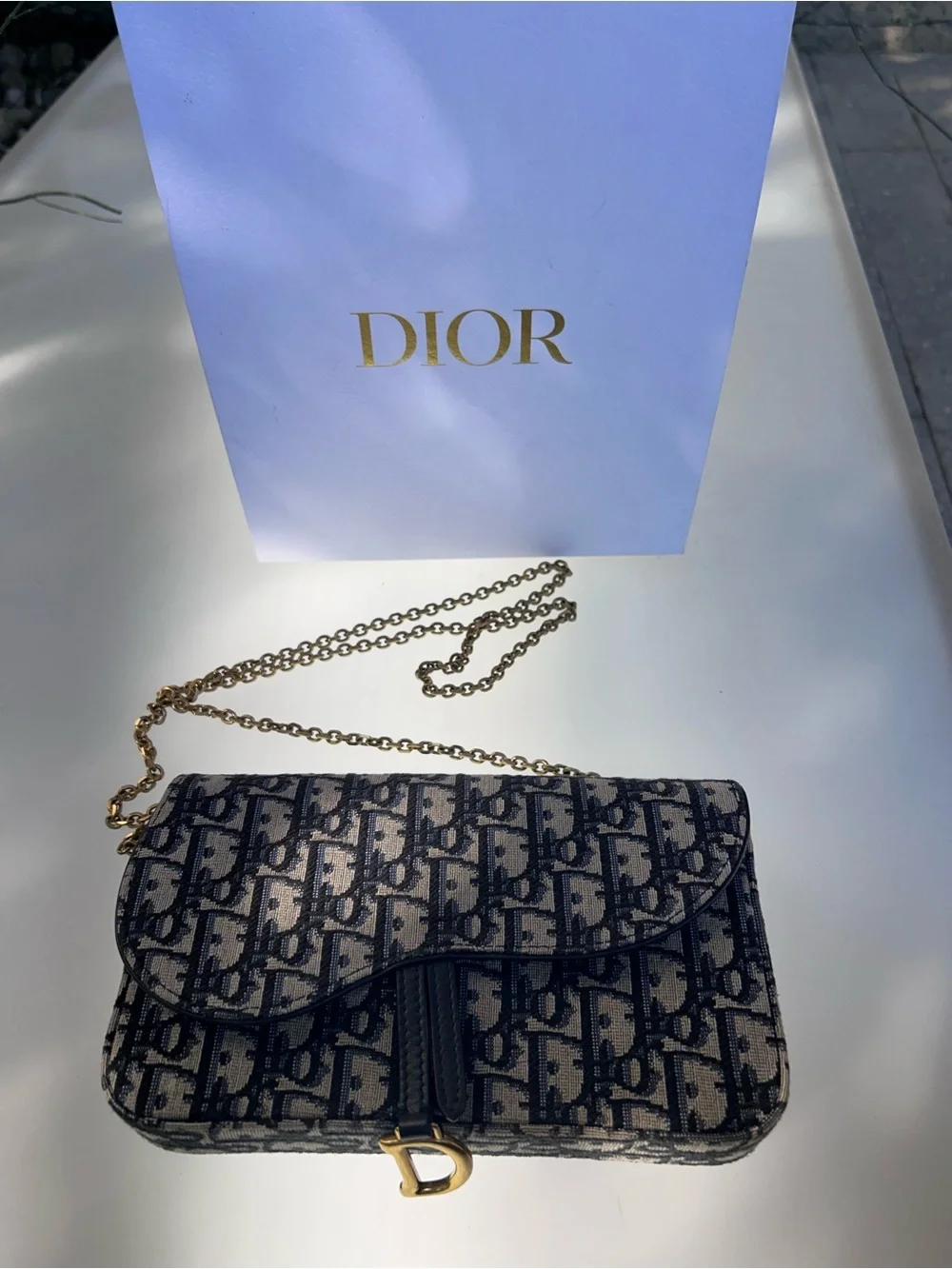 Dior Blue Navy Monogram Canvas Phone Wallet with Gold D-Ring